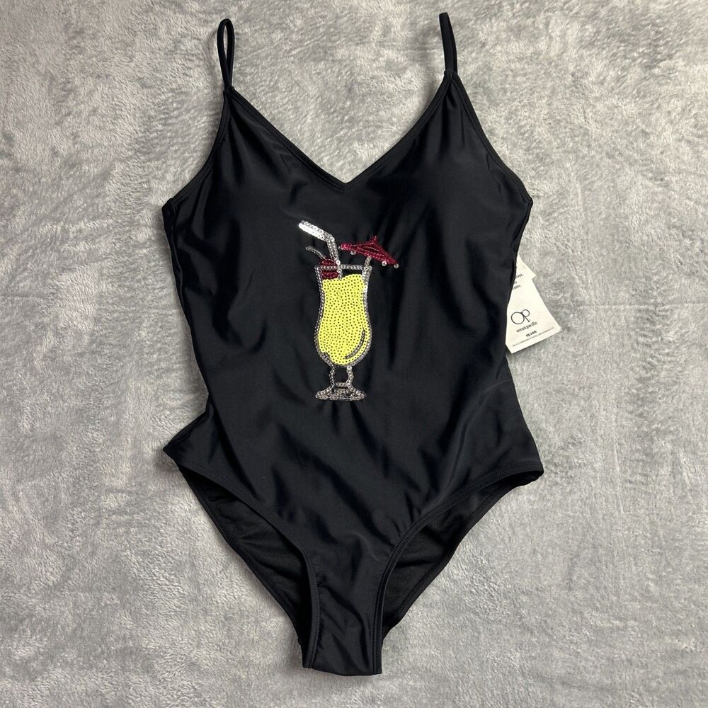 Ocean Pacific NWT Swimsuit Black Tropical Drink Vacation Sz. Medium
